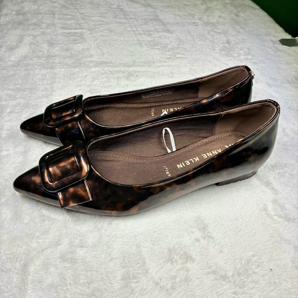 New Anne Klein Karisma Tortoise Shell Pointed Toe iFlex Flats Buckle Shoes 8M